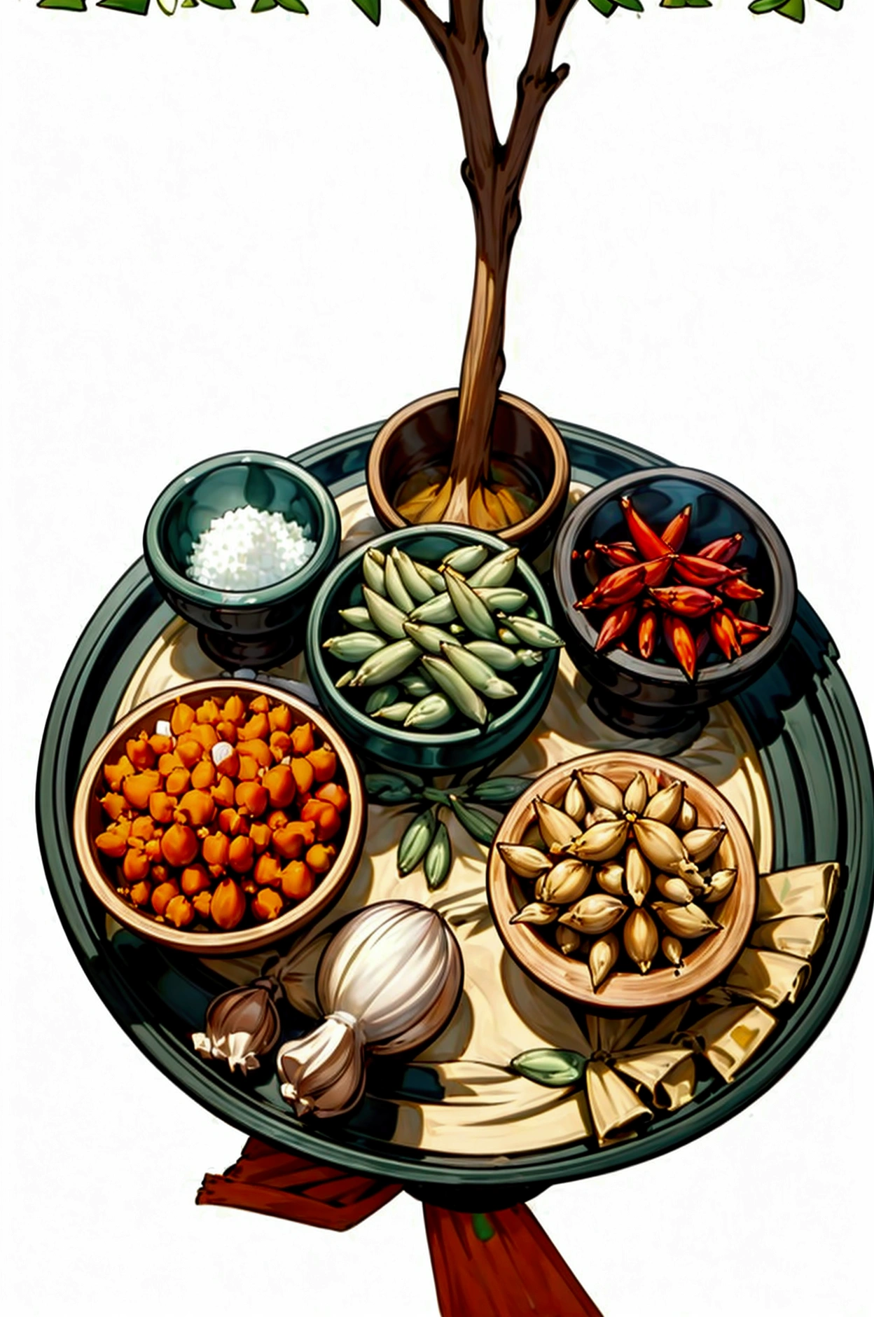 (masterpiece)), ((best quality:1.2)), ((watercolor)), ((vibrant color))), ((minimalist)), surrounded with ((negative space)), ((solid white background)), a wooden tray full of a lot of spices in many different type of container and small jar, cooking spices, turmeric, galangal, red chilies, green chilies, shallots, coriander, lemongrass, cloves, tamarind, garlic, whole grains, green beans, ginger, salt,,((no Clipping)), ((no shadow clipping)), ((no object clipping)), (((solid white background))), very subtle shadow, (perspective view),