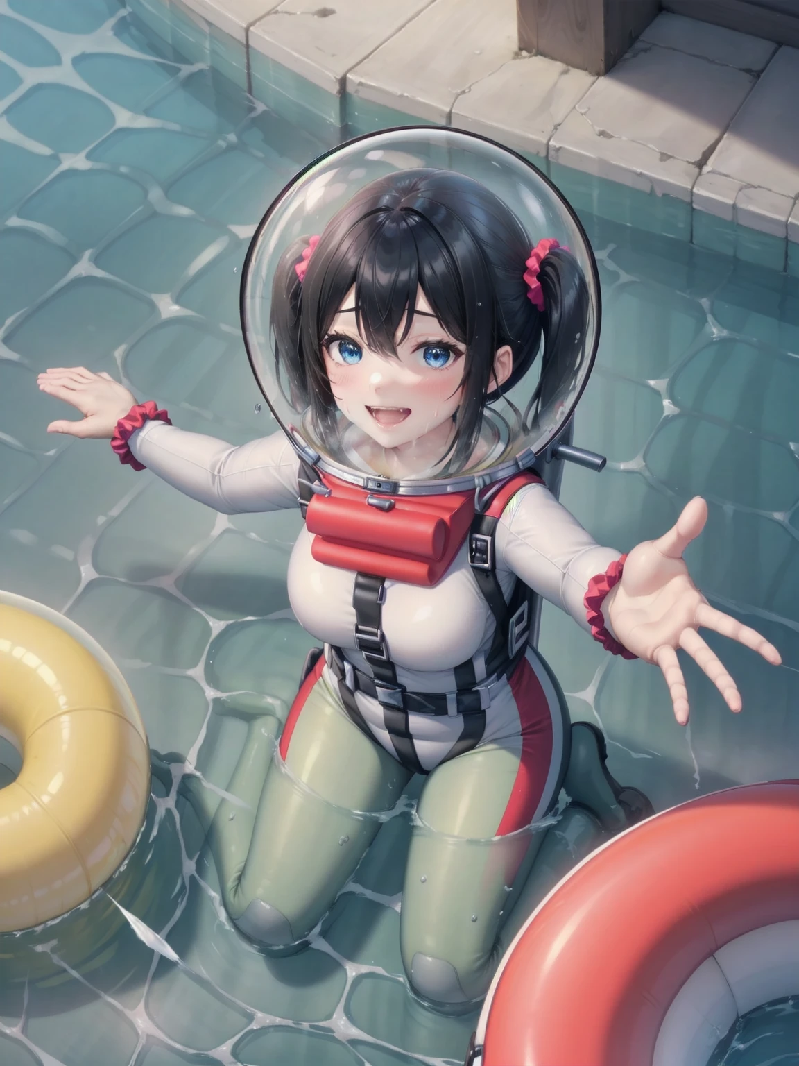 (masterpiece: 1.3), (best quality: 1.3), (high resolution: 1.3), (highly detailed: 1.3), (8k: 1.3), twintails, hair between the eyes, skin_fang, blue eyes, silver hair, , small_tits, (blue bow: 0.8), (leather fangs: 1.2), open mouth, (grinning eyes: 1.1), (bent over :1.1),(outstretched hand:1.3),(partially submerged:1.1 ),(whole body soaked:1.1),(splash:1.1),(sea:1.2),(view:1.2),(from_bottom:1.2), (cinematic_angle:1.2),,astronaut, spacesuit, space helmet, bubble helmet, eva helm,rikka takarada, black hair, blue eyes, short hair, orange scrunchie, scrunchie, wrist scrunchie