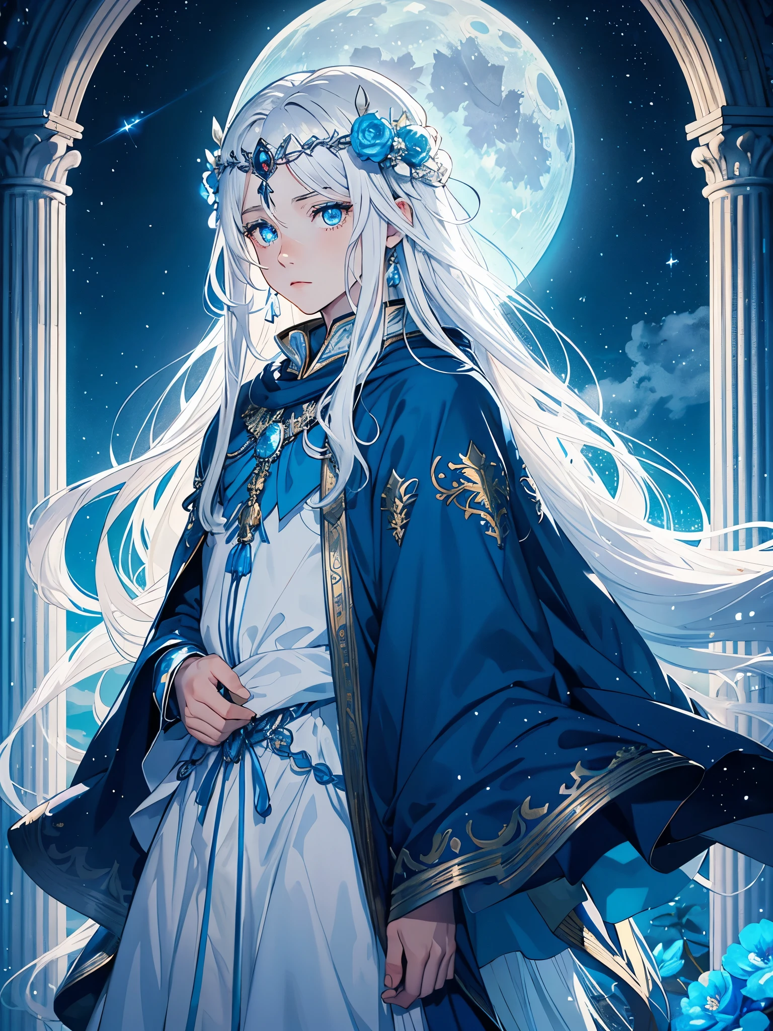 King of the moon. Long hair. long white hair. aquatic, boy, Goddess of the Moon, silver hair accessories, White hair, blue flowers. Blue lights. blue dress, cape, at night, saturated colors, light eyes, bright, light blue light, blue eyes, Jewelry silver
