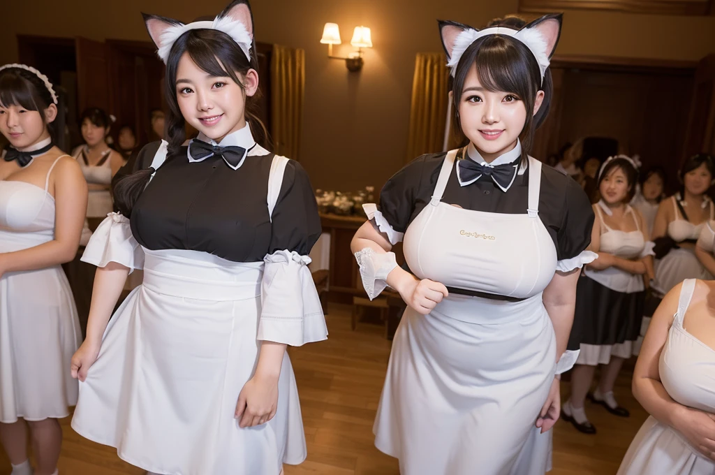 (8k, ultra-high resolution, highest quality, masterpiece:1.2), ultra-realistic, (realistic, photorealistic:1.37), (realistic skin:1.2), ultra-detailed, Canon EOS RP, 8k, Korean mature woman, smiling,(super obese:1.5), (super curvy:1.4), ((super voluptuous,)) ((full body shot:1.5)),(standing:1.5), thick ankles, (((maid cafe))), (((crowd of maids:1.5))), (((cat ears, cat tail))),(checked maid uniform:1.4)