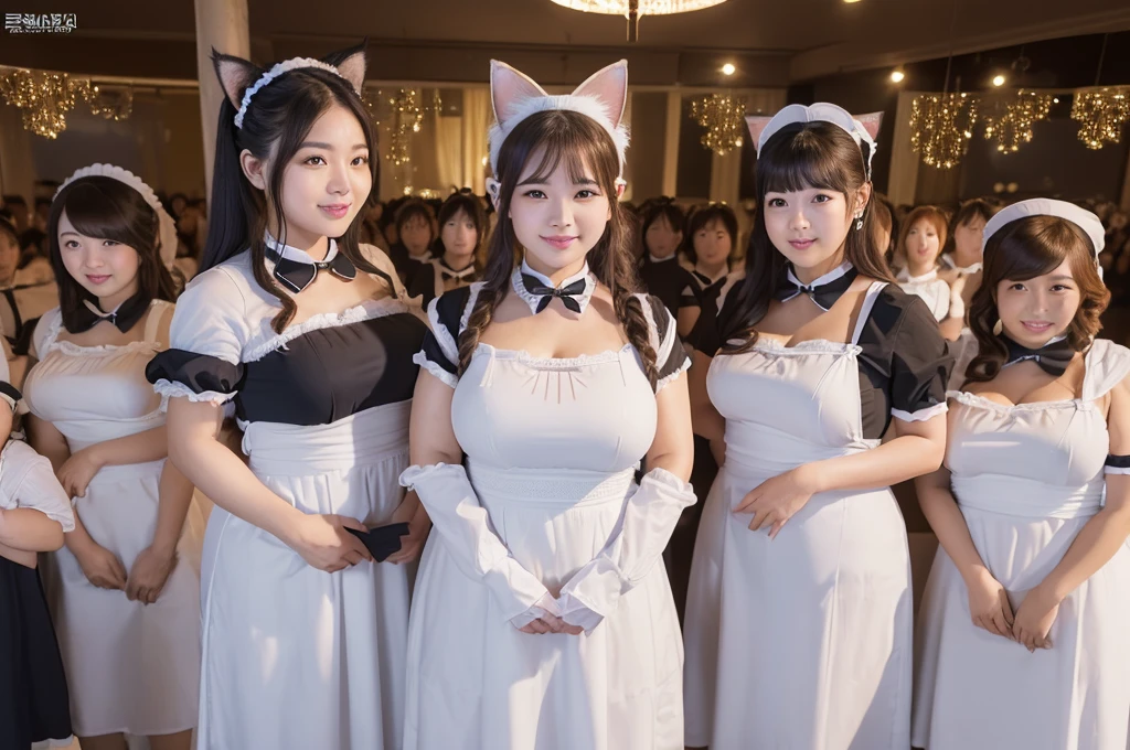 (8k, ultra-high resolution, highest quality, masterpiece:1.2), ultra-realistic, (realistic, photorealistic:1.37), (realistic skin:1.2), ultra-detailed, Canon EOS RP, 8k, Korean mature woman, smiling,（super obese:1.5）, (super curvy:1.4), ((super voluptuous,)) ((full body shot:1.5)),(standing:1.5), thick ankles, (((maid cafe))), (((crowd of maids:1.5))), (((cat ears, cat tail))),（checked maid uniform:1.4）