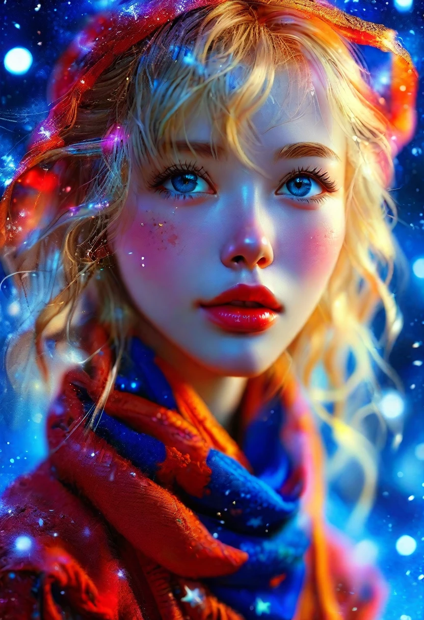 1girl, ahoge, bangs, blonde hair, blowing kiss, blue eyes, blue scarf, brown scarf, cleavage, closed mouth, eyelashes, face, floating hair, hair ween eyes, heart, lips, lipstick, long hair, looking at viewer, makeup, night sky, nose, one eye closed, orange scarf, pink lips, pink scarf, portrait, purple eyes, realistic, red lips, red scarf, scarf, signature, smile, solo, space, spoken heart, star (sky), starry sky, upper body, watermark, yang xiao long, yellow scarf