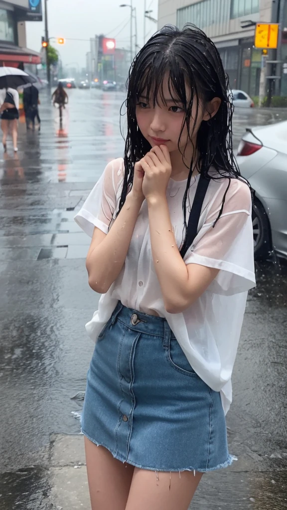 Natural image quality,(looking at the camera),1People Girls,Japanese,20-year-old,Beauty,Beautiful face,Cute face,Are crying,((Crying)),Sad expression,Frustrated expression,tears,Short-sleeved summer clothes,skirt,(Disheveled Hair),((Wet Hair)),((Wet body)),((Wet clothes)),((Wet Face)),(The whole body is wet from rain),(Rainy cityscape)
