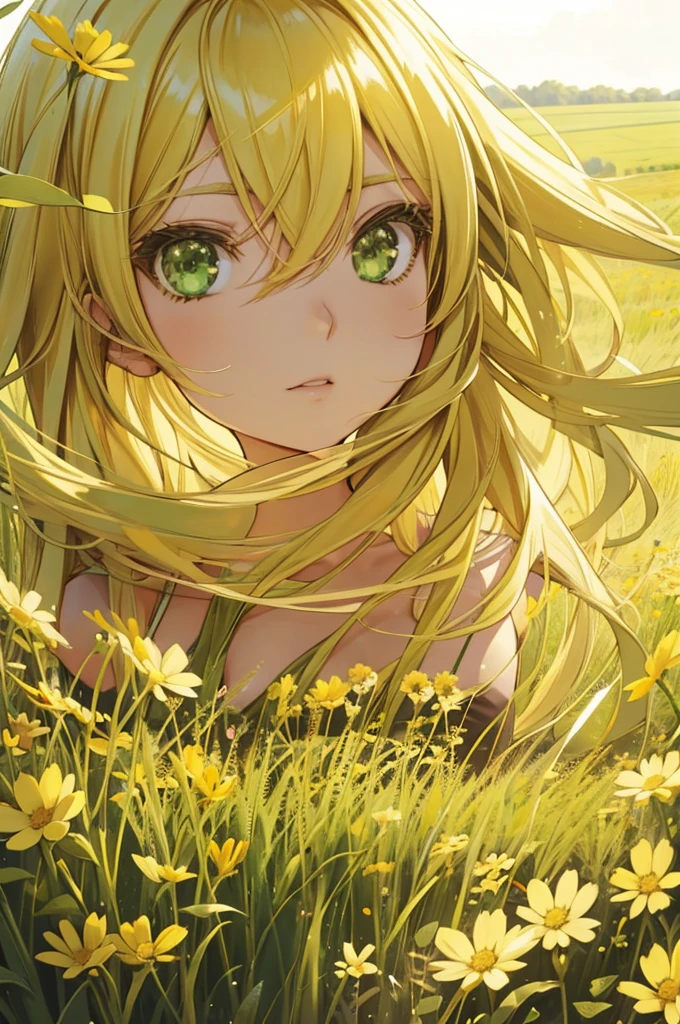 An anime girl, green eyes, blond medium leight hair, posing for camera,  standing in a field of flovers