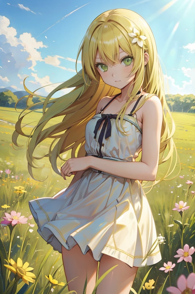 An anime girl, green eyes, blond medium leight hair, posing for camera, standing in a field of flovers