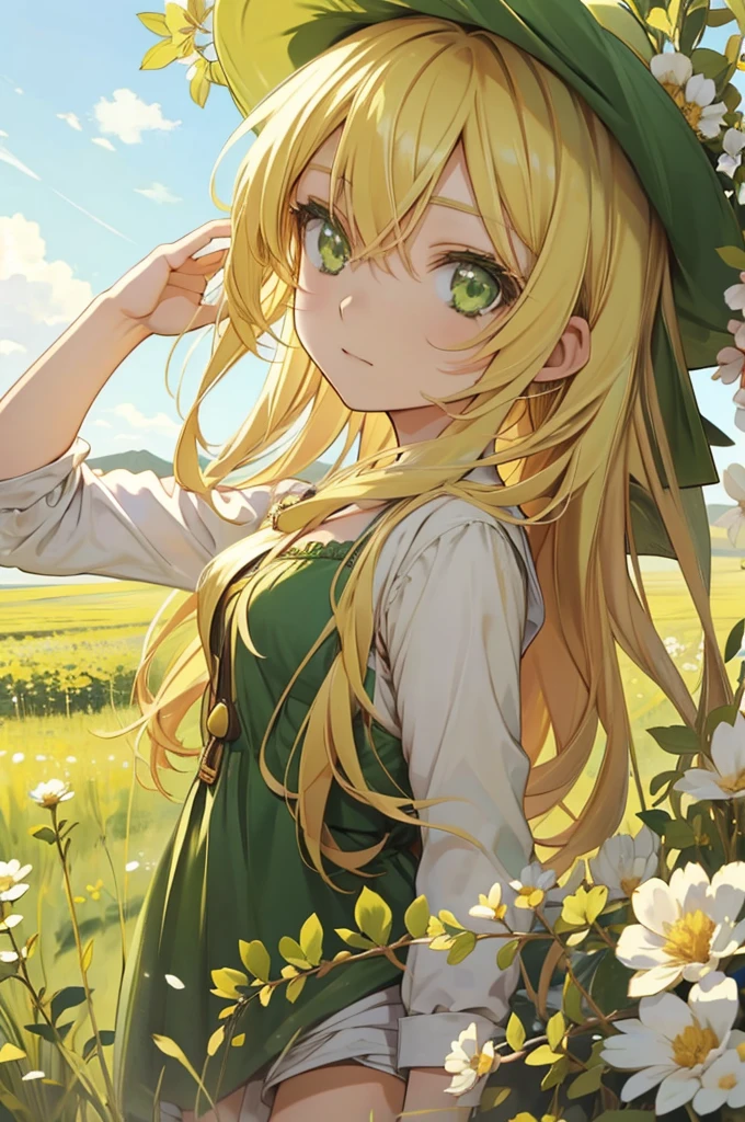 An anime girl, green eyes, blond medium leight hair, posing for camera, standing in a field of flovers