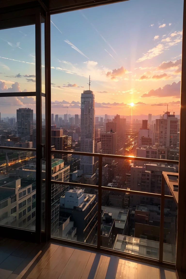 (8K), (best quality), (Masterpiece: 1.2) ภูมิทัศน์sunset, sunset,Visible from the window, Spartan room、(With a city collapsing in the background.)