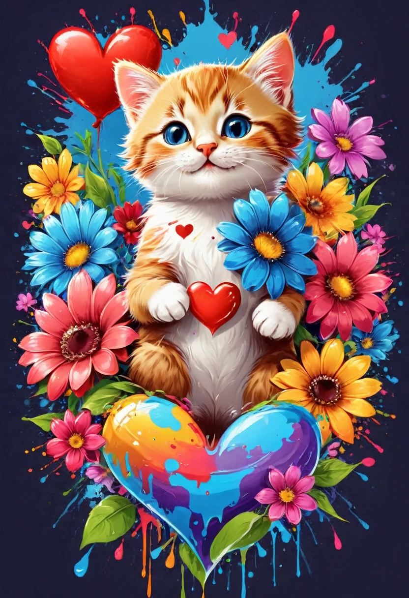 vector art heart with flowers, colorful illustration 4 small smiling kittens, At the center, Paint splashes and stains, high détail, t-shirt designs (work of art, best qualityer, proffesional, perfect composition, very aesthetic, absurdrez, super verbose, details Intricate: 1.3