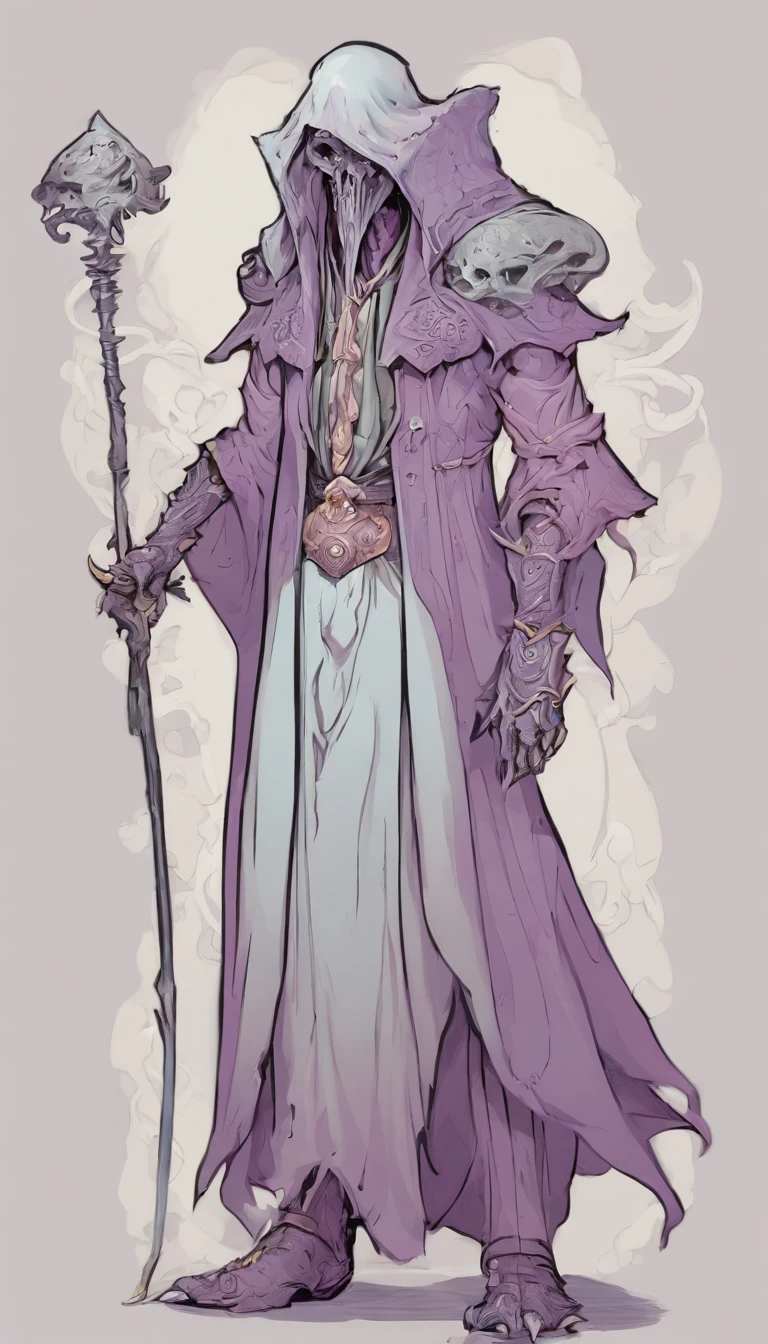Mind flayer,Inspired by Dungeons & Dragons,Full body concept art illustration of Mind Flayer。The character has human-like proportions,tall、slim and muscular。The character has 4 tentacles extending from its chin,Light purple skin,Almost Blue。The character is dressed in exquisite、Luxurious white academic robes and ornate leather boots。Background is blank