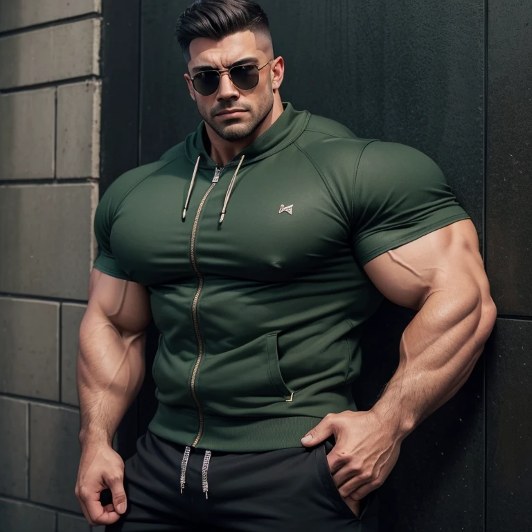 a very handsome, robust man, wearing sunglasses, with a Mid fade haircut, massively muscular, with massively large muscles, with massively large and muscular arms, shoulders and biceps, with a massively large, muscular and defined body, wearing a dark green sweatshirt with a zipper and shorts, in a rainy city leaning against a wall seen up close