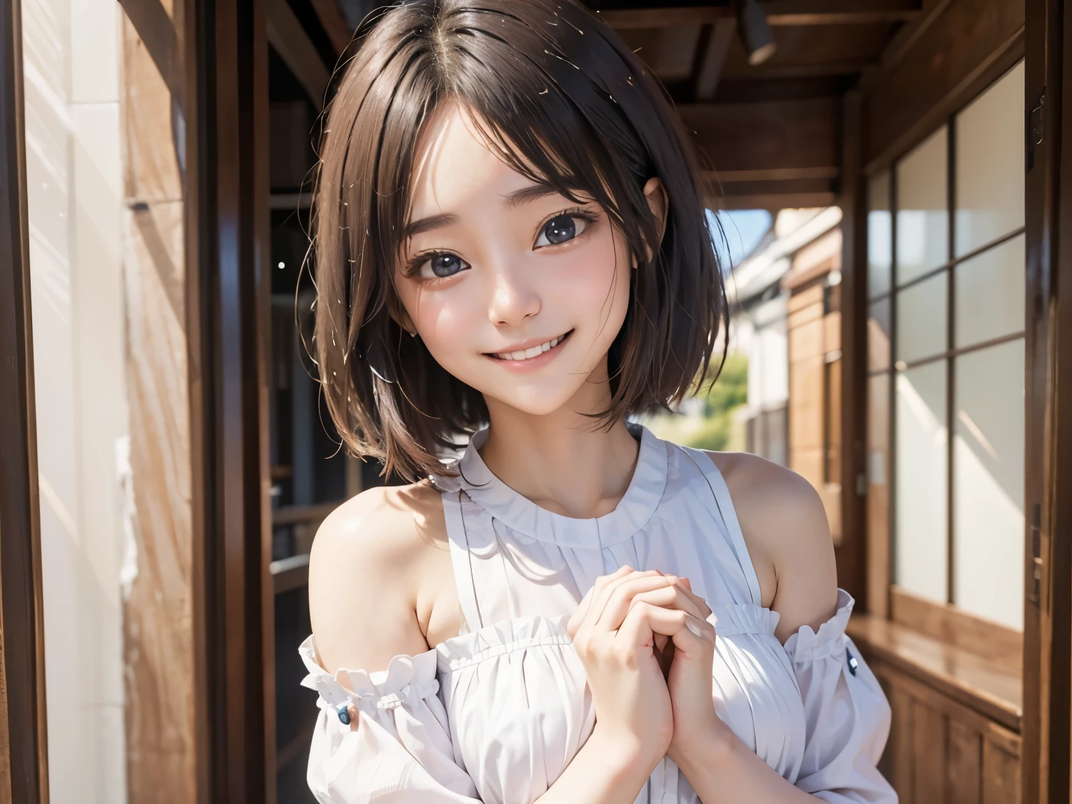 8k wallpaper、masterpiece、Highest quality、Super fine、Ultra-high resolution、The ultimate beauty、Real、独奏、((smile)),masterpiece,Cute clothes、Polite、((standing))、own hands together、upper body,