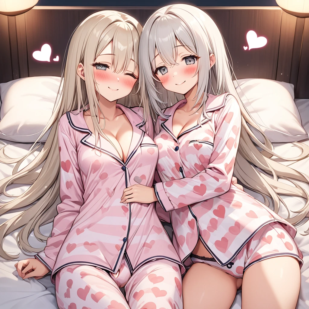 NSFW, silver blonde hair, grey eyes, straight hair, medium size breasts, heart shaped eyes, blushing, smiling, cute pajamas, cleavage, sexy panties, sleeping together