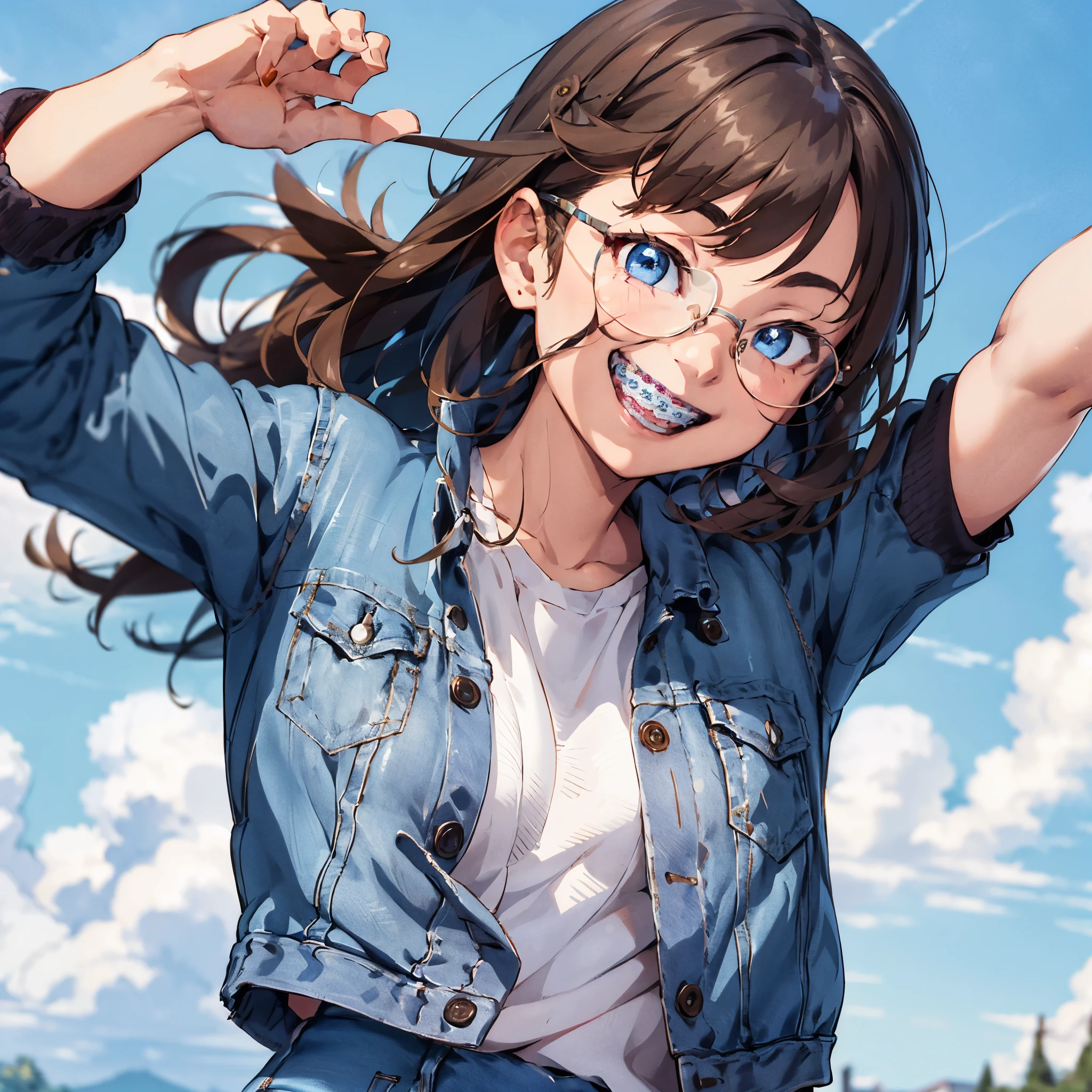 1girl, seductive eyes, braces, glasses, smiling, cute, blue eyes, blush, brown hair, wearing blue jeans jacket, big smile, her arms raised to the sky, best quality, masterpiece, highres