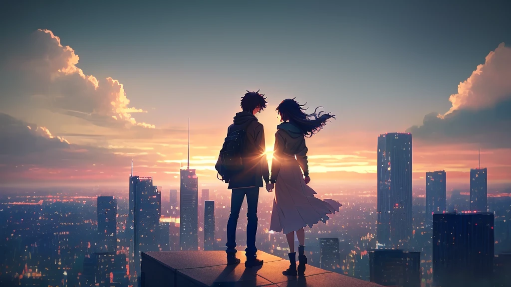 Two people standing on a ledge looking out at the city, Makoto Shinkai Cyril Rolland, Guweiz and Makoto Shinkai, sakimichan and makoto shinkai, yusuke murata and makoto shinkai, makoto shinkai movie, makoto shinkai. Octane Rendering, In the style of Makoto Shinkai