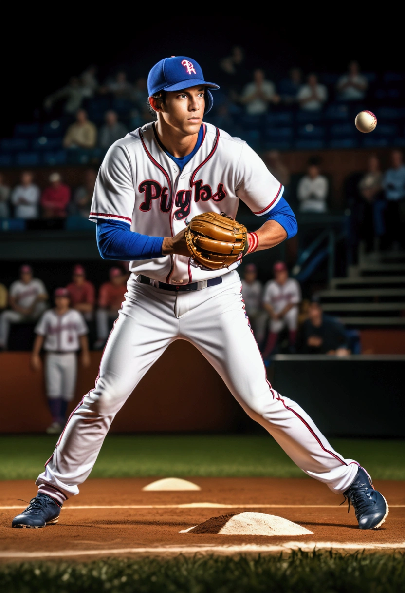 (Baseball Player), Baseball Player, athlete dynamic pose, perfect lighting, perfect capture of sports moments, delicate texture, vivid colors, vibrant energy, full body, award-winning, cinematic still, emotional, vignette, dynamic, vivid, (masterpiece, best quality, Professional, perfect composition, very aesthetic, absurdres, ultra-detailed, intricate details:1.3)
