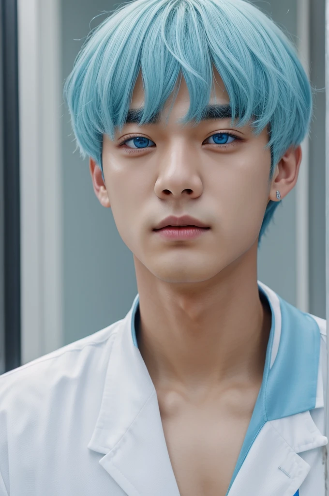 Taehyung from BTS with light blue eyes and white hair.