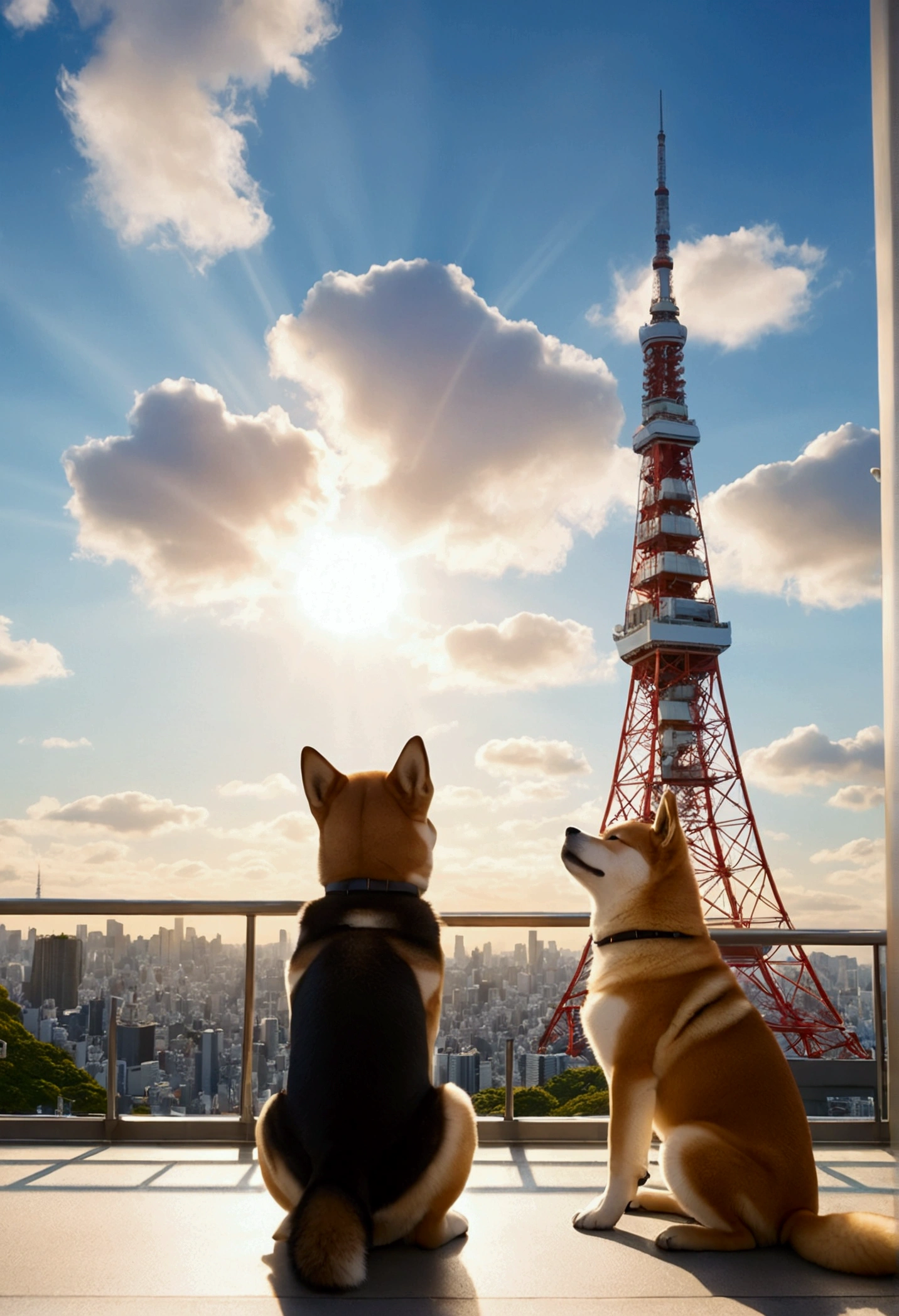 Makoto Shinkai Taste, Beautiful sky, Shining Sun,(Shiba Inu puppy looking up, Healing scenes,A view of Tokyo Tower,Wide angle、