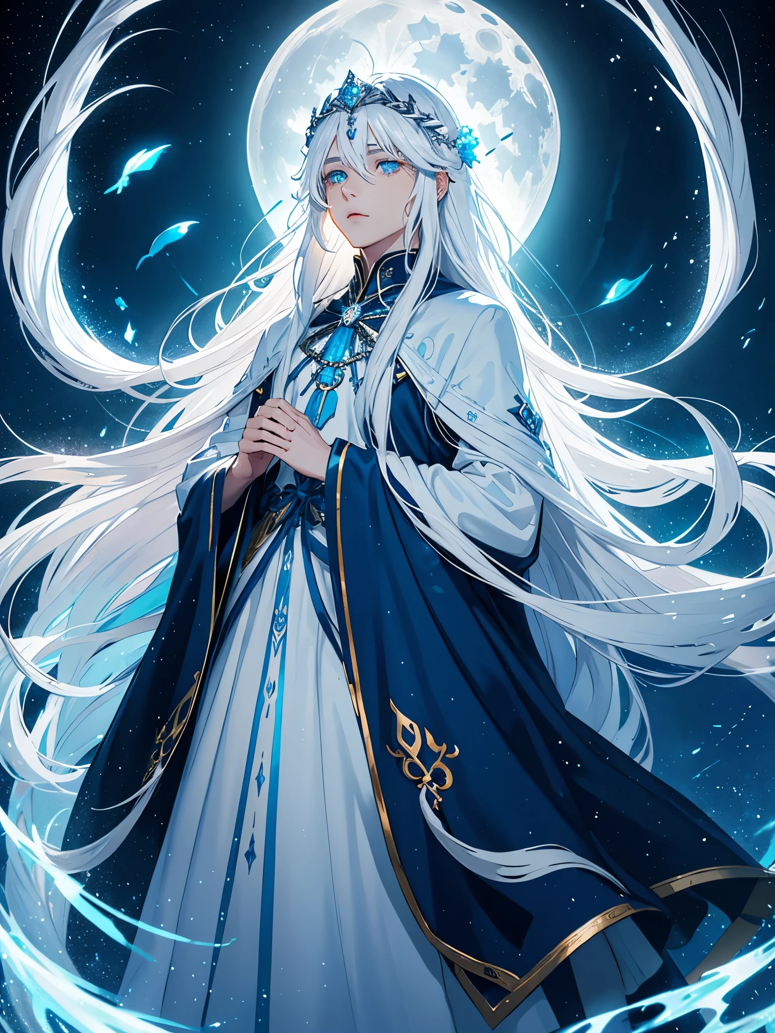 King of the moon. Long hair. long white hair. aquatic, boy, Goddess of the Moon, silver hair accessories, White hair, blue flowers. Blue lights. blue dress, cape, at night, saturated colors, light eyes, bright, light blue light, blue eyes, Jewelry silver