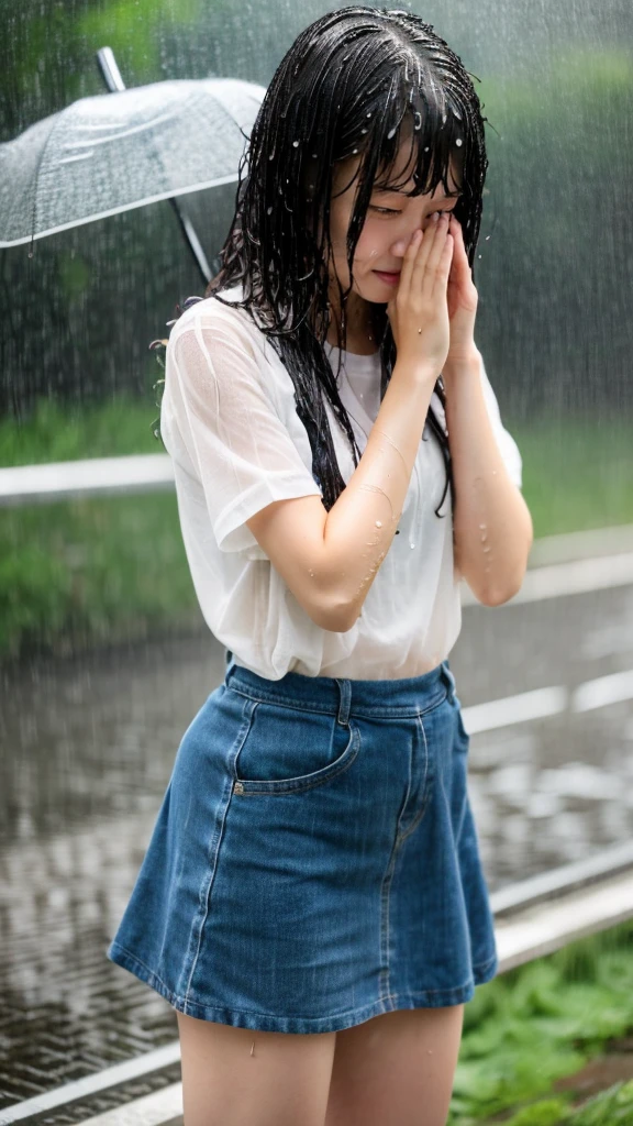 Natural image quality,(looking at the camera),１People Girls,Japanese,20-year-old,Beauty,Beautiful face,Cute face,Are crying,((Crying)),Sad expression,Frustrated expression,tears,Short-sleeved summer clothes,skirt,(Disheveled Hair),((Wet Hair)),((Wet body)),((Wet clothes)),((Wet Face)),(The whole body is wet from rain),(Rainy cityscape)