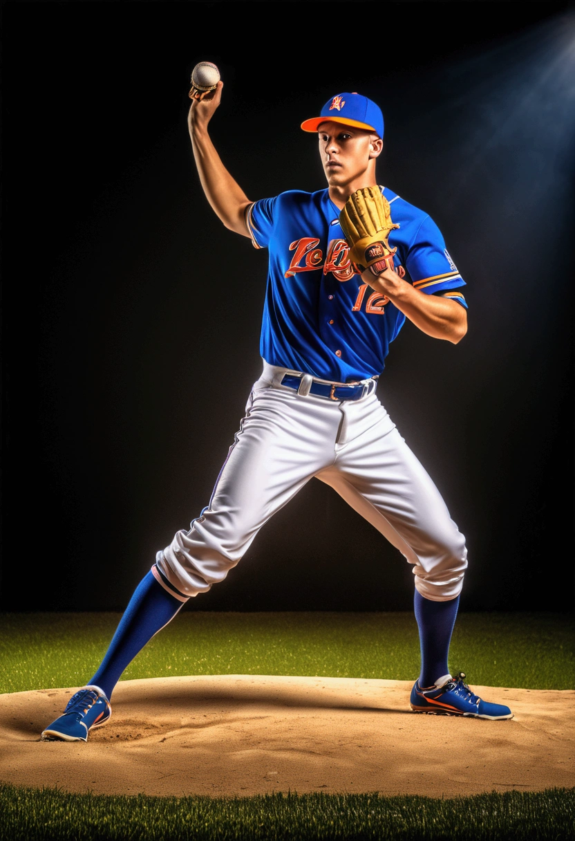 (Baseball Player), athlete dynamic pose, perfect lighting, perfect capture of sports moments, delicate texture, vivid colors, vibrant energy, full body, award-winning, cinematic still, emotional, vignette, dynamic, vivid, (masterpiece, best quality, Professional, perfect composition, very aesthetic, absurdres, ultra-detailed, intricate details:1.3)