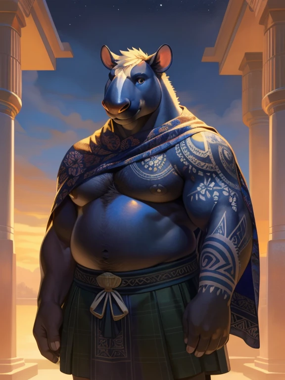solo, anthro, furry, furry male, tapir,((short fur,furry, smooth fur, opaque fur)), (floral tattooed arms, floral tattooed chest), black pupils, white sclera, black body, black fur, dark blue eye, tail, detailed fur, detailed face, detailed eyes, bare chest, (black poncho, black kilt), temple, (by null-ghost,by raccoon21, masterpiece, high quality, hi-res, 8k, hd, half-light), standing,close-view portrait, looking at viewer, night, stoic expression, arrogant, dynamic pose, Fat male tapir, tapir trunk, full sleeve tattoos on both arms, torso covered in tattoos, small ponytail, mid 40s, poncho, no shirt, kilt,