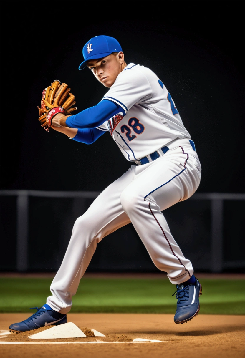 (Baseball Player), Capture the ethereal light and shadow in a stunning photograph with selective color details, revealing the hidden poetry of (glowing objects), full body, award-winning, cinematic still, emotional, vignette, dynamic, vivid, (masterpiece, best quality, Professional, perfect composition, very aesthetic, absurdres, ultra-detailed, intricate details:1.3), by Naoki Urasawa