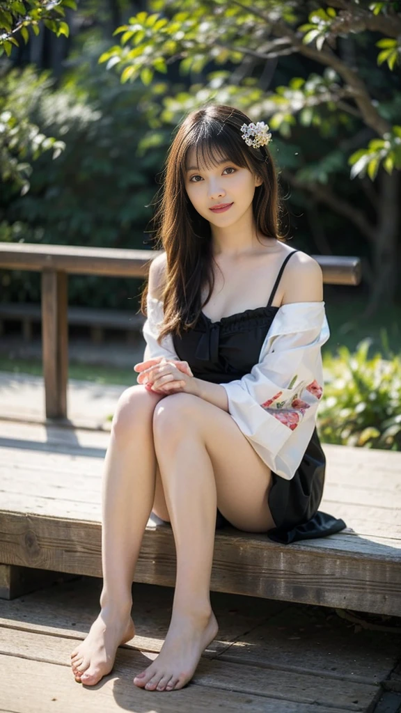 Urzan-6500-v1.1、(RAW Photos:1.2)、(Realistic)、(Genuine:1.4)、(masterpiece)、女性がIn kimono床に座っている、In kimono、Bare shoulders、clavicle、wear Kimono、Flower Hair Ornaments、yukata、In kimono、Japanese hairstyle、Mysterious Smile、(Highest quality、high resolution、High resolution、8K:1.15)、Clear photos、A cute 21 year old Japanese girl、Summer Japan landscape、Woman sitting on the porch、Her chest is exposed、barefoot