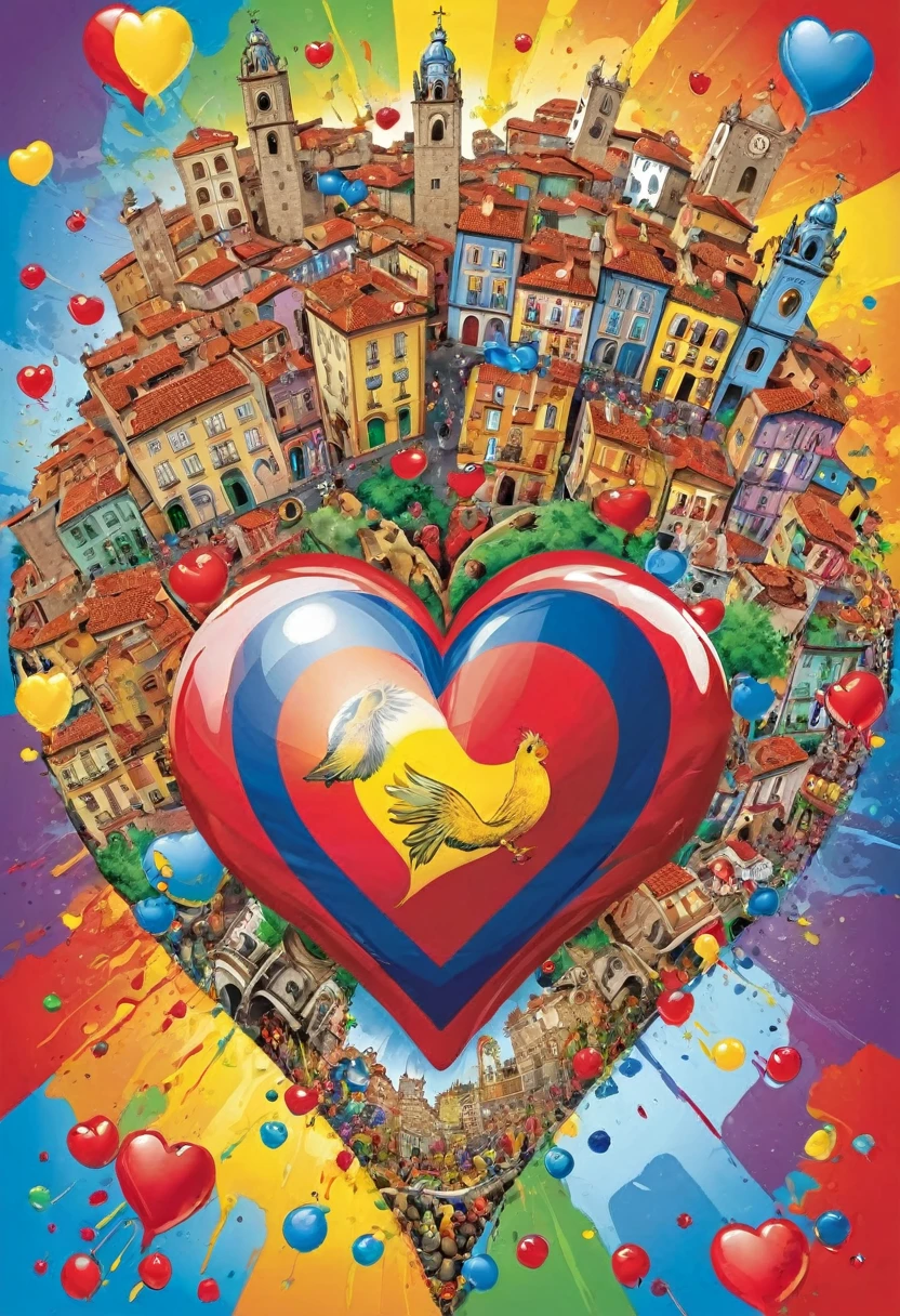 heart shape vector art with a colorful illustration, city of Barcelos, in the center, vibrant colors, paint splashes and stains, high detail, t-shirt designs (work of art, best quality, professional, perfect composition, very aesthetic, absurd, super detailed, Intricate details:1.3)