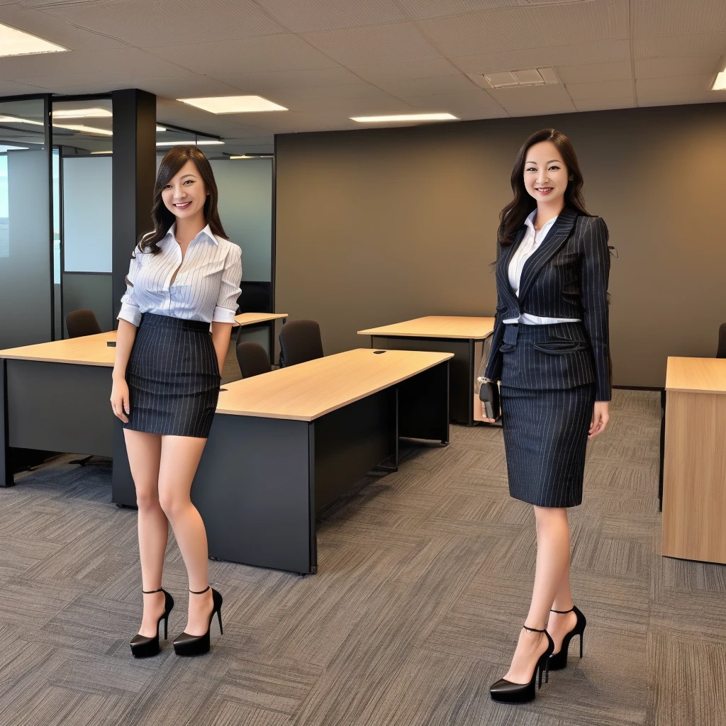 (girl, cute Japanese girl with perfect body,, looking_at_viewer, (office lady, (masterpiece, high quality:1.2), big breasts, business suit,black vertical striped pencil skirt (smile), (office), highly detailed face, (high heels, full body, beautiful legs:1.3)