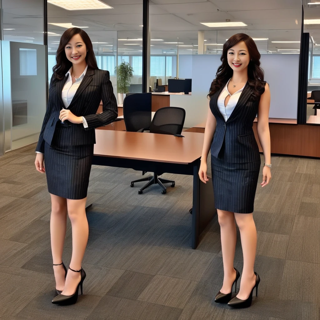 (girl, cute Japanese girl with perfect body,, looking_at_viewer, (office lady, (masterpiece, high quality:1.2), big breasts, business suit,black vertical ed pencil skirt (smile), (office), highly detailed face, (high heels, full body, beautiful legs:1.3)