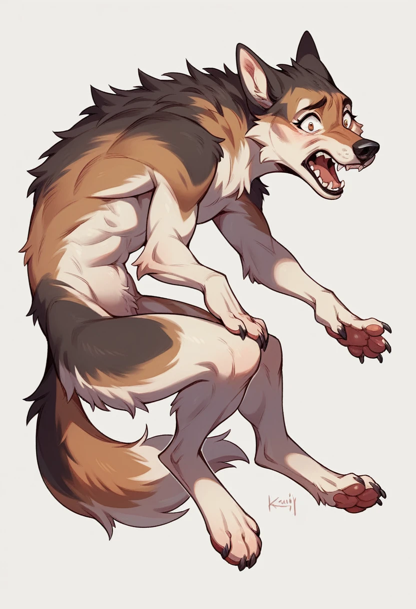 young woman, antromortph, transformation, ?????, sexly, lascivious, horny, big tits fur covered, Wolf, canine face, full body, White background, tail, Soft fur, paws