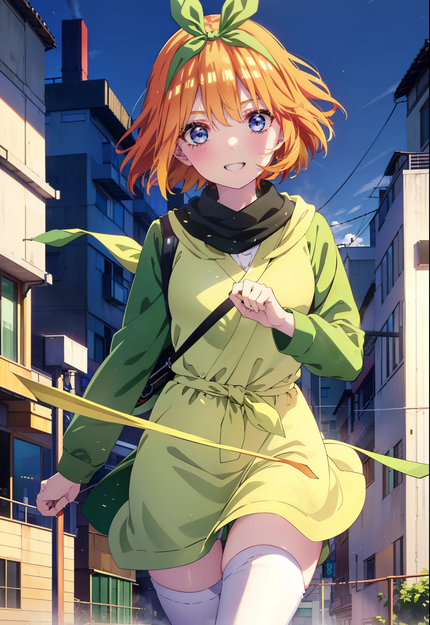 Yotsubanakano, Yotsuba Nakano, bangs, short hair, blue eyes, Hair between the eyes, hair ribbon, hair band, Orange Hair, (Green ribbon:1.5), smile, Grin,Green long coat,V-neck sweater,White scarf,Long skirt,Black pantyhose,It&#39;s snowing,Snow is piled up,evening,sunset,The sun is setting,Walking,So that the whole body goes into the illustration,
break ourdoors, Building district,
break looking at viewer, Walking,
break (masterpiece:1.2), Highest quality, High resolution, unity 8k wallpaper, (figure:0.8), (Beautiful attention to detail:1.6), Highly detailed face, Perfect lighting, Highly detailed CG, (Perfect hands, Perfect Anatomy),