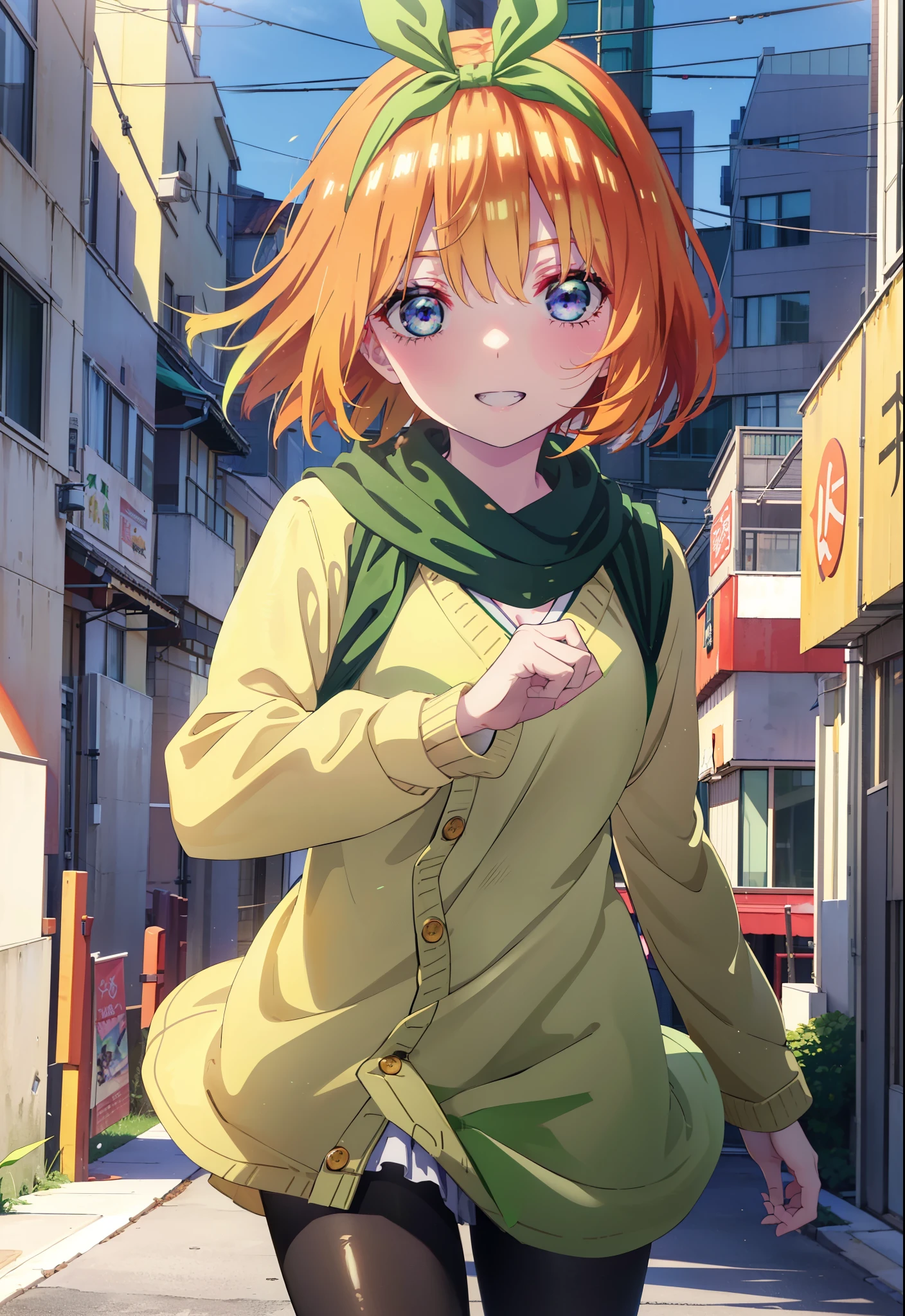 Yotsubanakano, Yotsuba Nakano, bangs, short hair, blue eyes, Hair between the eyes, hair ribbon, hair band, Orange Hair, (Green ribbon:1.5), smile, Grin,Green long coat,V-neck sweater,White scarf,Long skirt,Black pantyhose,It's snowing,Snow is piled up,evening,sunset,The sun is setting,Walking,So that the whole body goes into the illustration,
break ourdoors, Building district,
break looking at viewer, Walking,
break (masterpiece:1.2), Highest quality, High resolution, unity 8k wallpaper, (figure:0.8), (Beautiful attention to detail:1.6), Highly detailed face, Perfect lighting, Highly detailed CG, (Perfect hands, Perfect Anatomy),