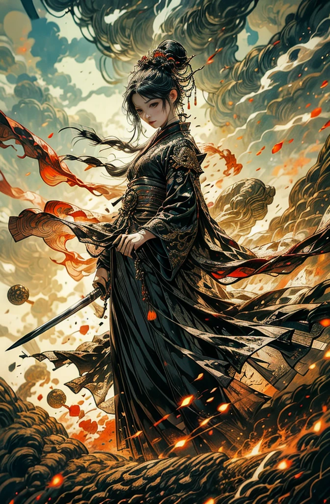 Beautiful demon painting, Demon woman with a sword, Woman holding a sword, A strong female warrior, female swordsman, Female Bodyguard, Beautiful black-haired demon, Beautiful red kimono, Oiran, Ghost Girl, Female Yakuza, Stylish female samurai, Master Swordsman, Fighting Pose, Very sharp beauty, pretty much beautiful face, Sharp eyes with slit length, Very delicate and beautiful eyes, Captivating woman, Very stylish woman, Five fingered hand, Battle-crazed demon woman, Queen of Asura, Full Body Tattoo, wide, Rashomon, Close Chen Yifei, Female painting, Vivid and colorful paintings, Gorgeous and luxurious, Gweitz masterpiece, Gweitz, artwork in the style of Gweitz, Gweitz on pixiv artstation, Japanese Goddess, Gweitz on artstation pixiv, Organic seductive, takato yamamoto aesthetic, tumbler, Works that influenced Chen Yifei, Works that influenced Francesco Hayes, Inspired by Hendrik Terbruggen, Jean＝Works that influenced Auguste Dominique Ingres, Works that influenced Liu Jun, Jean＝Works that influenced Auguste Dominique Ingres, artwork in the style of Switzerland, by ヤン・J, Switzerland, Beautiful Art UHD 4K, Detailed painting 4k, Beautiful digital art, Beautiful artwork illustration, Switzerland masterpiece, By Chen Yanjun, Lee Song, Highest quality, The perfect angle, Perfect composition, Best Shot, Official Art, Cinematic Light, Figurative art, Beautiful and expressive paintings, Beautiful artwork illustration, Extremely delicate and detailed painting style, Beautiful and subtle effects, Elegant and beautiful painting art, The pinnacle of painting beauty, Perfect light, Perfect composition, The perfect angle, Perfect subject, Best Shot, Female Solo, Sharp contours
