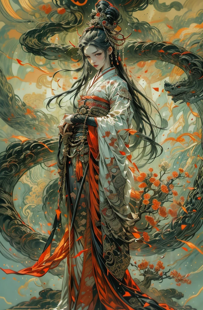 Beautiful demon painting, Demon woman with a sword, Woman holding a sword, A strong female warrior, female swordsman, Female Bodyguard, Beautiful black-haired demon, Beautiful red kimono, Oiran, Ghost Girl, Female Yakuza, Stylish female samurai, Master Swordsman, Fighting Pose, Very sharp beauty, pretty much beautiful face, Sharp eyes with slit length, Very delicate and beautiful eyes, Captivating woman, Very stylish woman, Five fingered hand, Battle-crazed demon woman, Queen of Asura, Full Body Tattoo, wide, Rashomon, Close Chen Yifei, Female painting, Vivid and colorful paintings, Gorgeous and luxurious, Gweitz masterpiece, Gweitz, artwork in the style of Gweitz, Gweitz on pixiv artstation, Japanese Goddess, Gweitz on artstation pixiv, Organic seductive, takato yamamoto aesthetic, tumbler, Works that influenced Chen Yifei, Works that influenced Francesco Hayes, Inspired by Hendrik Terbruggen, Jean＝Works that influenced Auguste Dominique Ingres, Works that influenced Liu Jun, Jean＝Works that influenced Auguste Dominique Ingres, artwork in the style of Switzerland, by ヤン・J, Switzerland, Beautiful Art UHD 4K, Detailed painting 4k, Beautiful digital art, Beautiful artwork illustration, Switzerland masterpiece, By Chen Yanjun, Lee Song, Highest quality, The perfect angle, Perfect composition, Best Shot, Official Art, Cinematic Light, Figurative art, Beautiful and expressive paintings, Beautiful artwork illustration, Extremely delicate and detailed painting style, Beautiful and subtle effects, Elegant and beautiful painting art, The pinnacle of painting beauty, Perfect light, Perfect composition, The perfect angle, Perfect subject, Best Shot, Female Solo, Sharp contours
