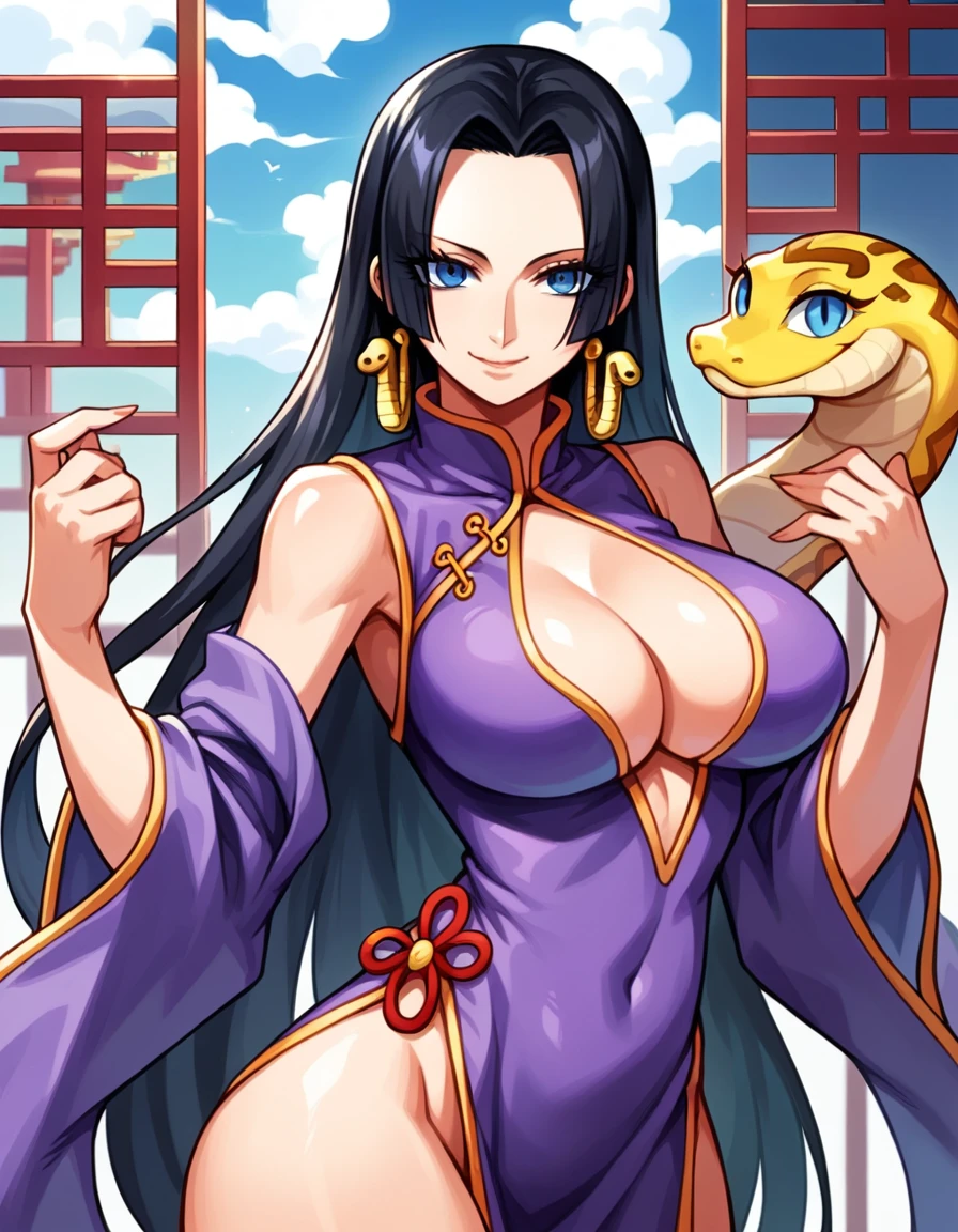 score_9, score_8_up, source_anime, best quality, Boa Hancock, black hair, blue eyes, long hair, forehead, large breasts, standing, looking at viewer, china dress, purple clothes, indoor, from front, cleavage, snake pierce, smile