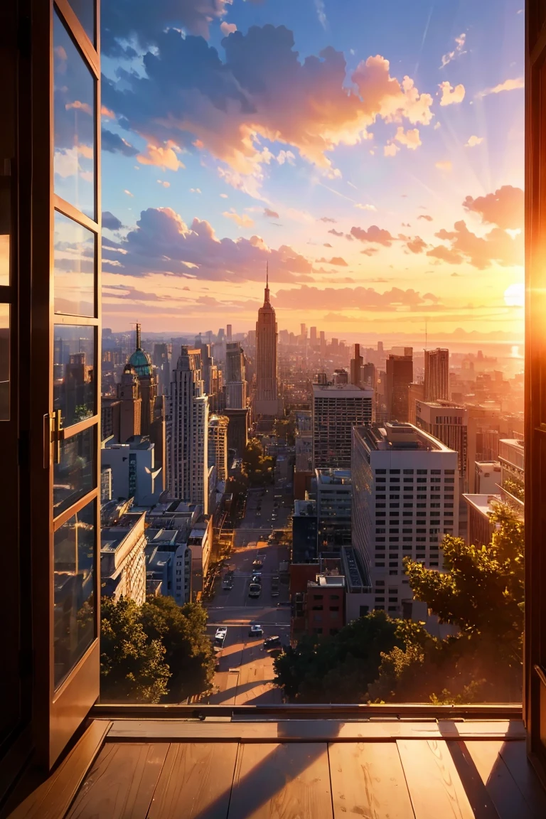 (8K), (best quality), (Masterpiece: 1.2) ภูมิทัศน์sunset, sunset,Visible from the window, Spartan room、(With a city collapsing in the background.)