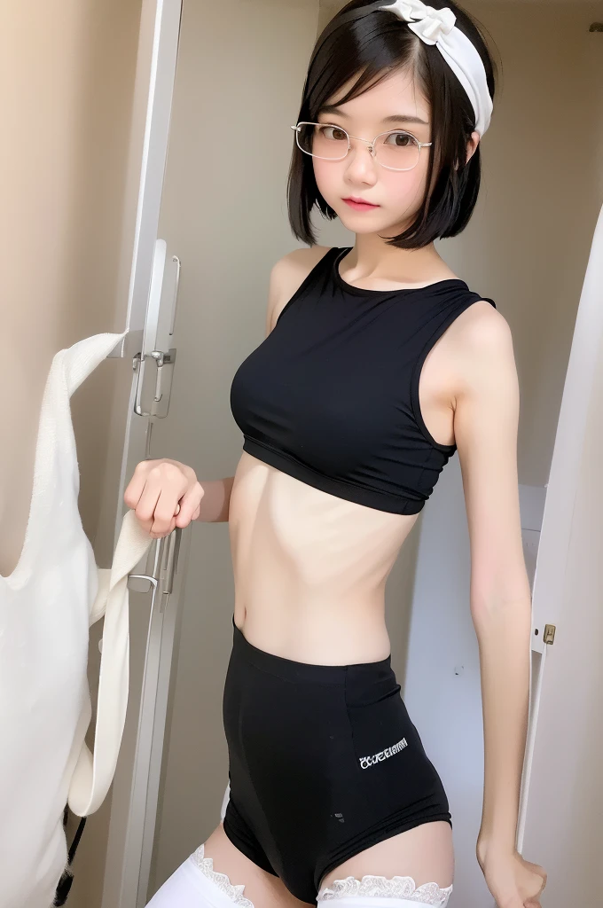 (masterpiece, Highest quality, It captures a very cute moment, Depth of written boundary, Super detailed, Ultra-high resolution, C4D, Octadale, 3D Modeling,Realistic human photos、 8K, 16K, One Girl,Middle school students, 15 years old、Small breasts,Black Hair,short hair,Straight Hair,Light brown eyes,White headband,Wearing black glasses,Cute face), Bloomers, Black tank top, zettai ryouiki, Wet clothes,Classroom Nights,Moonlight, Good elevator, Take off、Real-life skin、Not an anime、Realistic、