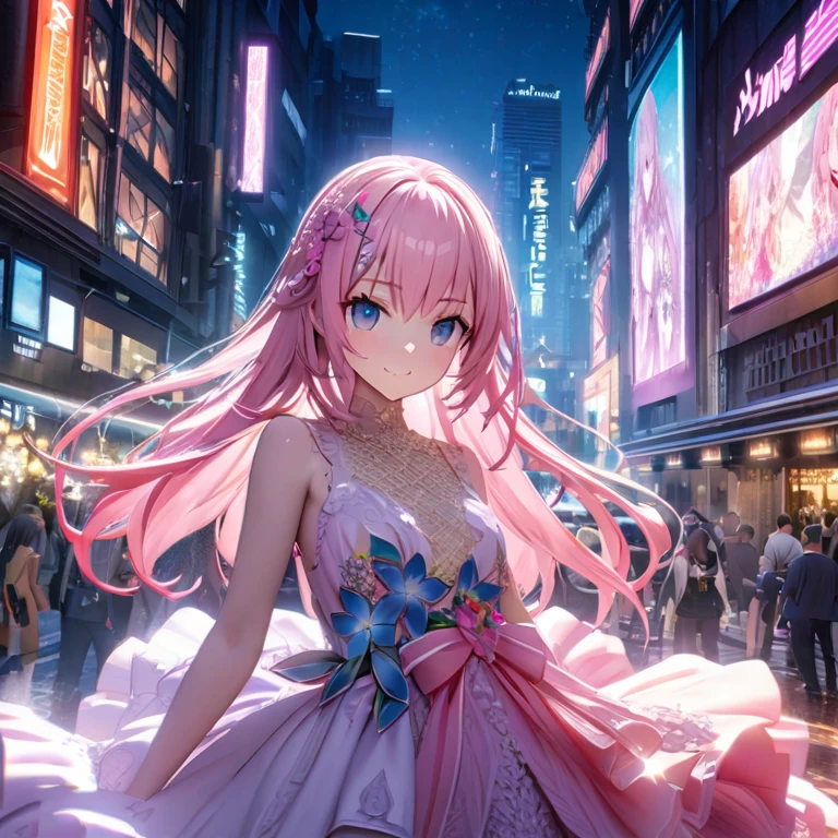 masterpiece、highest quality、High definition、High resolution、Expensive resolution、High definition、4K、8k、Unity 8k wallpaper、High definitionCG、masterpiece、Real、2D、3D、Beautiful details、depth、Fine texture、Super Quality:1.3、 perfect concentration、Create an anime-style illustration of a character wearing an elaborate Hawaiian dress decorated with flowers and jewels against a bright night beach background. Draw a close-up of the upper body. The dress should have multiple layers and ruffles, with jewels of different colors embedded throughout. The Saya-sama character's face is also drawn in detail on the hair. Pink's character's pink hair should be long and flowing to complement the intricate design of the dress. The cityscape at night should be vibrant. The streets are lit up in different colors and the streets are buzzing with lights indicating an active nightlife. Includes light reflections from buildings in the body of water between them.