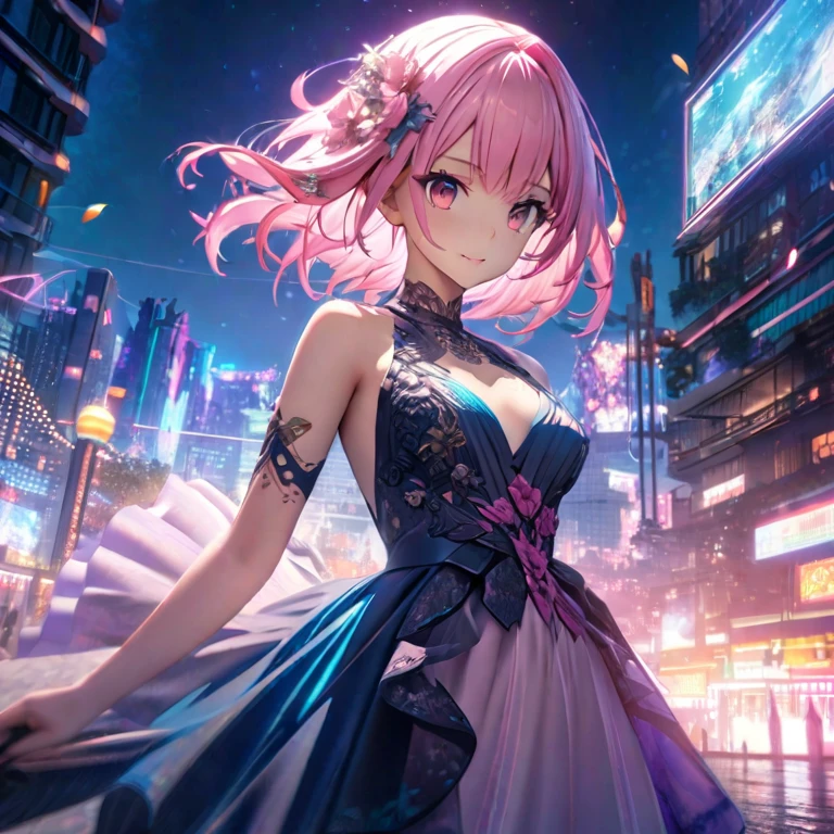 masterpiece、highest quality、High definition、High resolution、Expensive resolution、High definition、4K、8k、Unity 8k wallpaper、High definitionCG、masterpiece、Real、2D、3D、Beautiful details、depth、Fine texture、Super Quality：1.3、 perfect concentration、Create an anime-style illustration of a character wearing an elaborate Hawaiian dress decorated with flowers and jewels against a bright night beach background. Draw a close-up of the upper body. The dress should have multiple layers and ruffles, with jewels of different colors embedded throughout. The Saya-sama character's face is also drawn in detail on the hair. Pink's character's pink hair should be long and flowing to complement the intricate design of the dress. The cityscape at night should be vibrant. The streets are lit up in different colors and the streets are buzzing with lights indicating an active nightlife. Includes light reflections from buildings in the body of water between them.