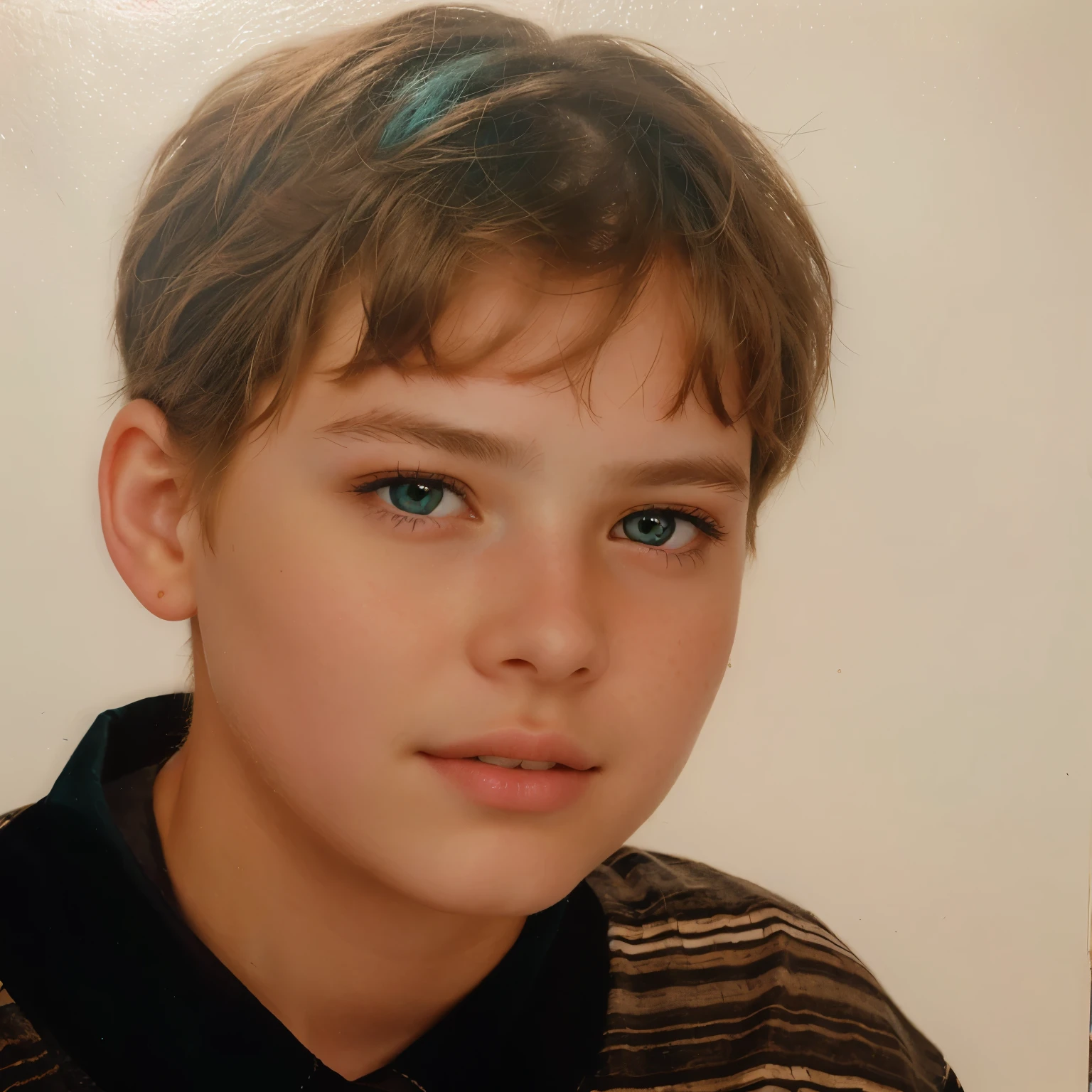 Ultra realistic portrait of a s old, recorded in the early 1990s, wearing teal patient gown, brown eyes