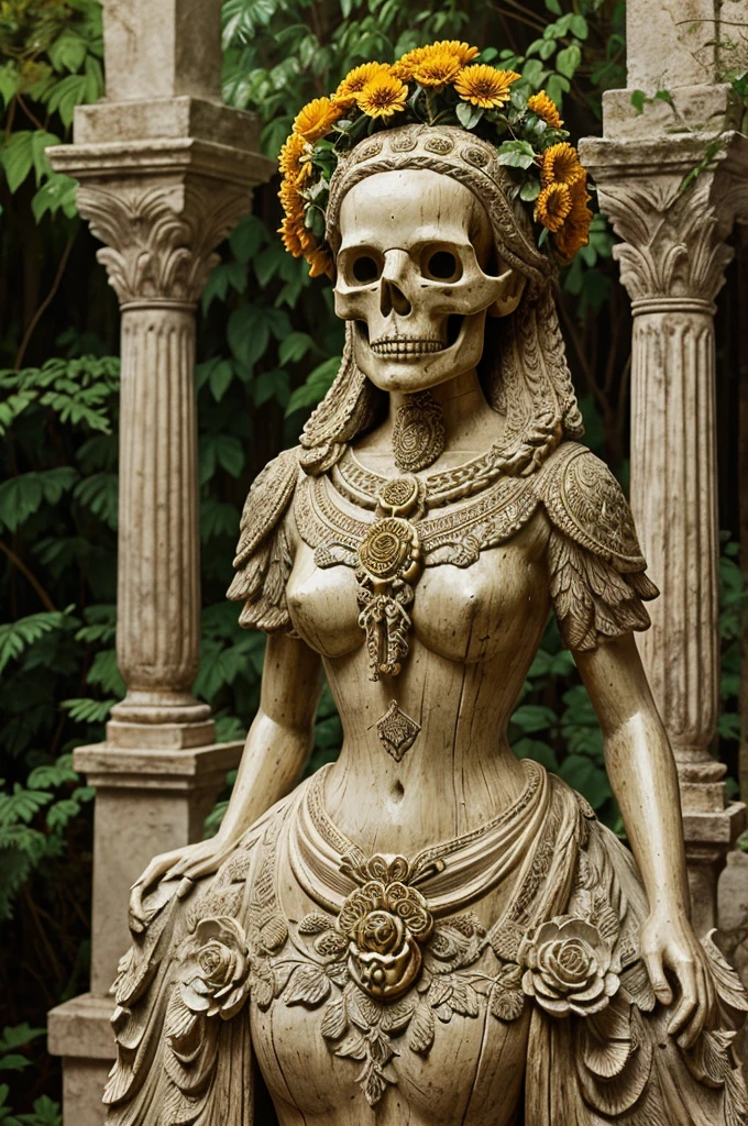 Create a highly detailed and surrealistic digital art piece of a statue with a skull-like face integrated with nature. The statue should have intricate carvings resembling aged ivory or bone, with hollow eyes framed by blooming golden marigolds. The entire figure should be interwoven with vibrant flowers and lush green leaves, giving the appearance that the statue is both ancient and alive. The background should be a mystical, dense forest with soft, ambient lighting that highlights the ethereal and magical quality of the scene. Ensure the flowers and leaves appear fresh and vibrant, contrasting with the aged texture of the statue.