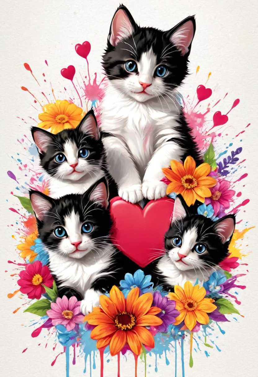 vector art heart with flowers, colorful illustration of 4 little smiling kittens, At the center, Paint splashes and stains, high détail, t-shirt designs (work of art, best qualityer, proffesional, perfect composition, very aesthetic, absurdrez, super verbose, details Intricate: 1.3