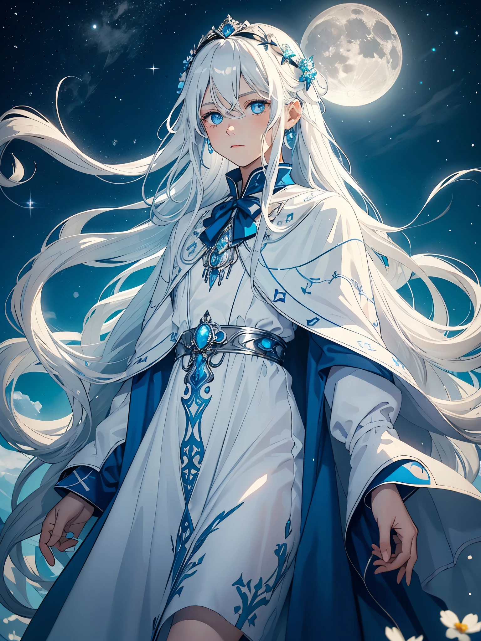 Männlich. Boy. Mann. Long hair. long white hair. aquatic, boy, Goddess of the Moon, silver hair accessories, White hair, blue flowers. Blue lights. blue dress, cape, at night, saturated colors, light eyes, bright, light blue light, blue eyes, Jewelry silver