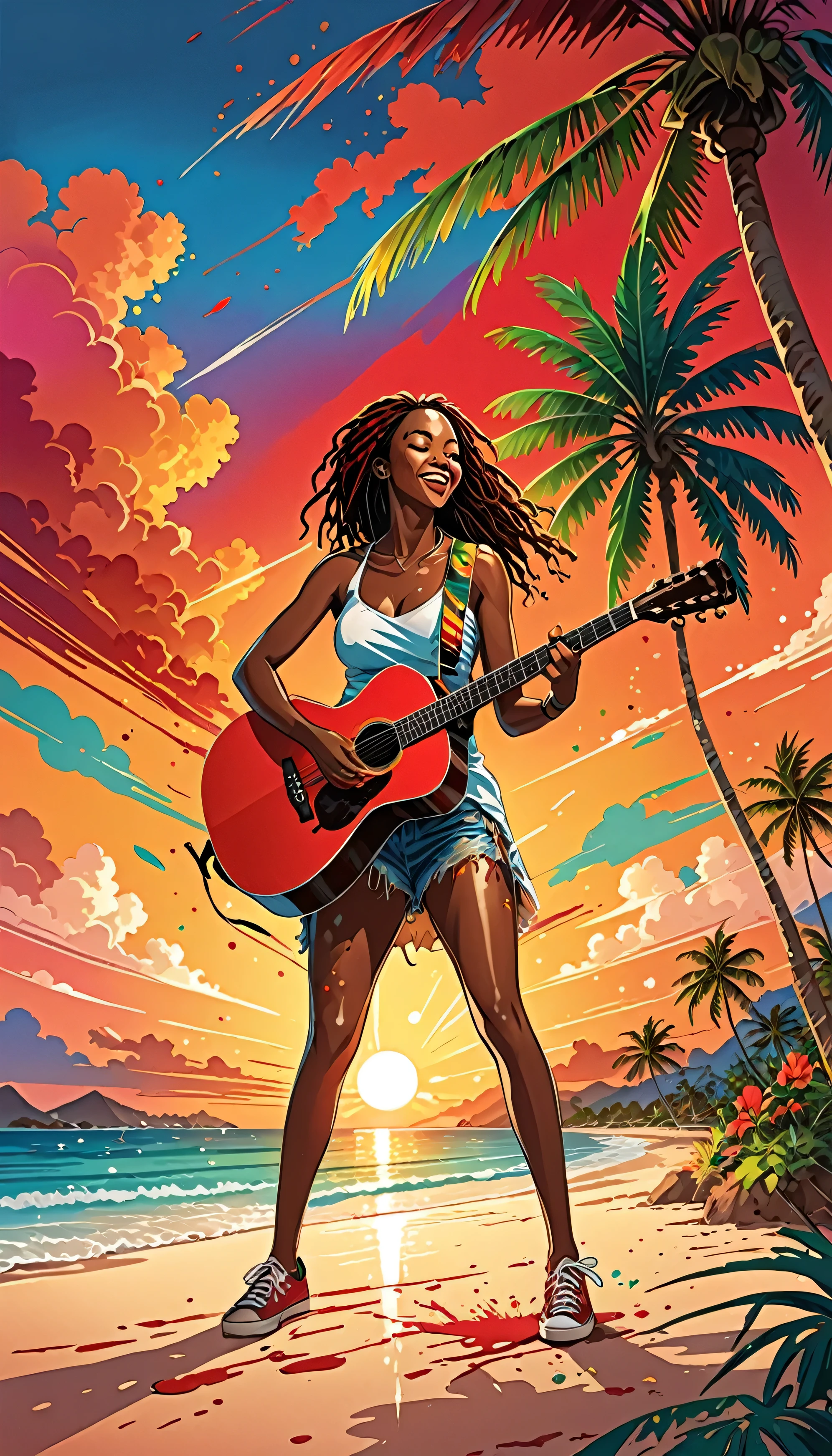 Vector art, Lots of Jamaican Reggae, Authentic Jamaican reggae music atmosphere，Color illustrations, in the center, Vibrant colors, Paint splatters and stains, High detail, 
bright red sunset,Palm tree,beach,A woman playing the guitar a short distance away