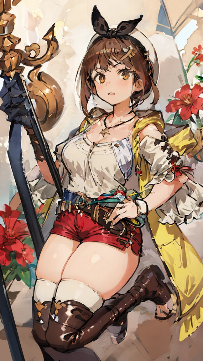 (Highest quality, 8K, masterpiece :1.3),Lizaリン・シュタウト(Lizaのアトリエ),Liza, One woman,Large Breasts,short hair,Brown Hair,hair band,Clothing,hat,White shirt,White camisole,Red shorts,Brown long boots,Full Nelson,Leg spread,nsfw,Plump body,Thighs