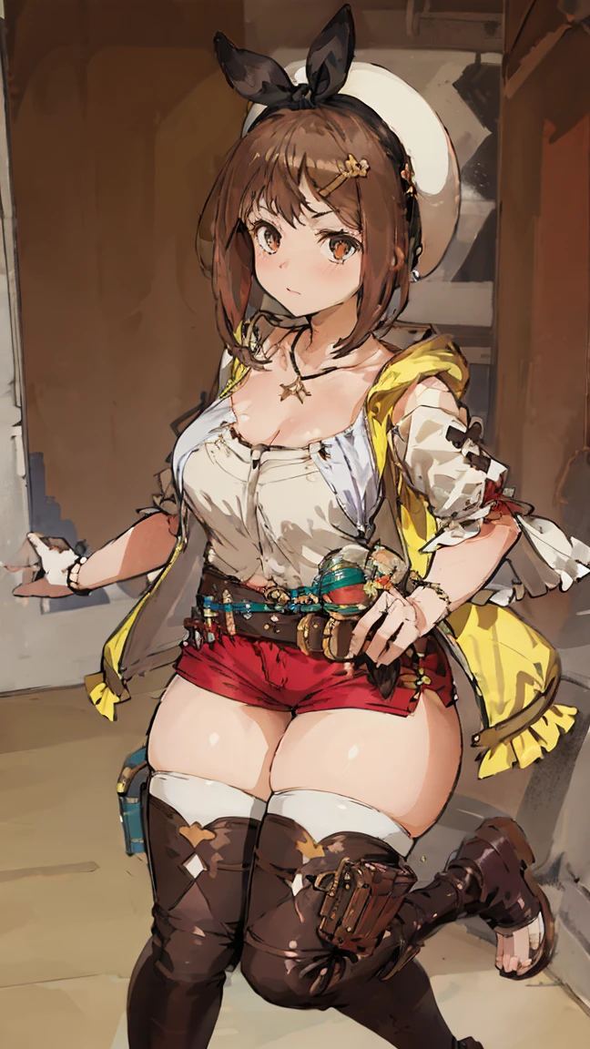 (Highest quality, 8K, masterpiece :1.3),Lizaリン・シュタウト(Lizaのアトリエ),Liza, One woman,Large Breasts,short hair,Brown Hair,hair band,Clothing,hat,White shirt,White camisole,Red shorts,Brown long boots,Full Nelson,Leg spread,nsfw,Plump body,Thighs