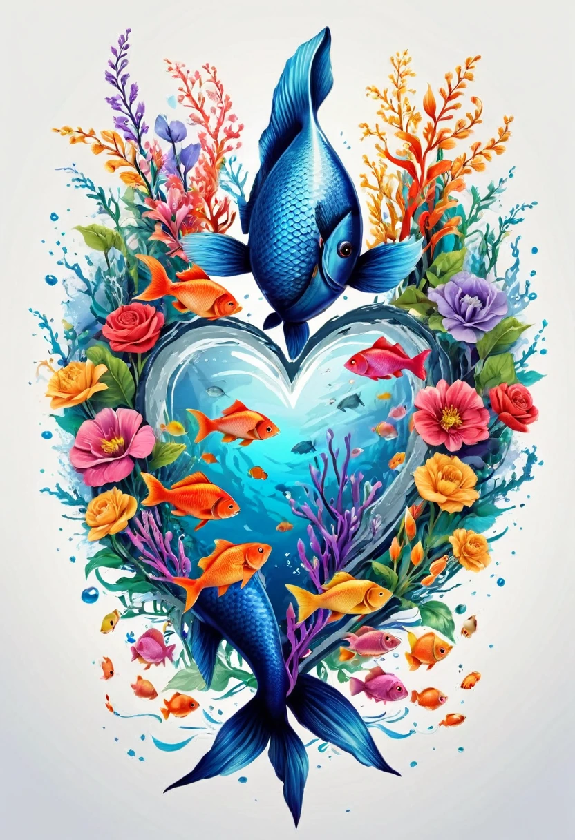 vector art heart with flowers, colorful illustration of various fish in the middle of the sea, At the center, Paint splashes and stains, high détail, t-shirt designs (work of art, best qualityer, proffesional, perfect composition, very aesthetic, absurdrez, super verbose, details Intricate: 1.3