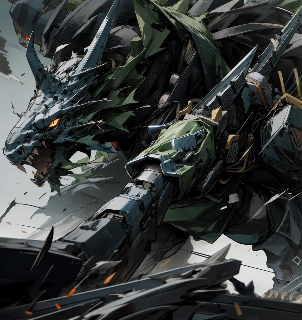 black and white mechs, Dragon helmet, Claw weapons, Huge claws, attack, green, navy, Extremely high detail, black, beast, animal, myth, dark, knight, Smash, 4 Honji,