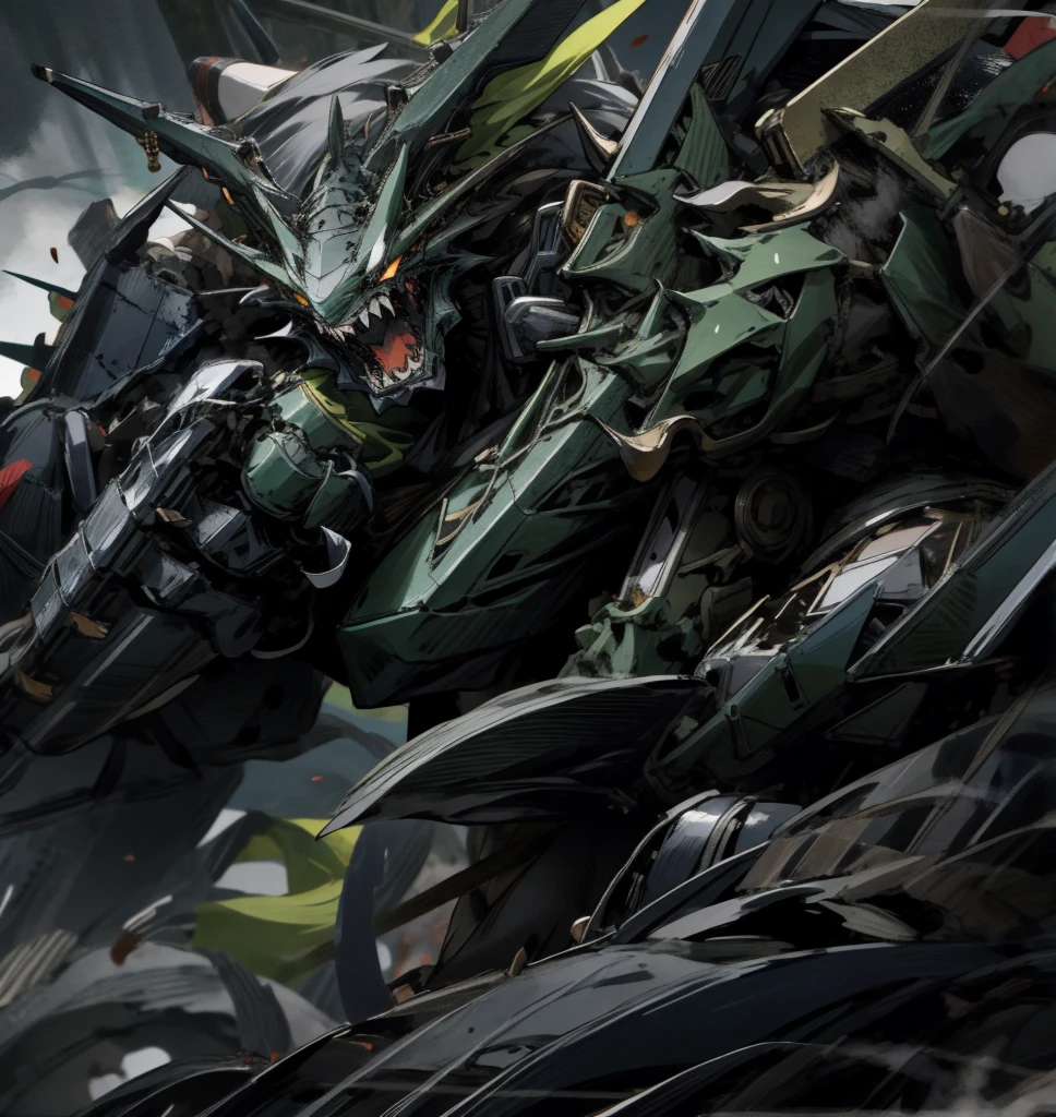 black and white mechs, Dragon helmet, Claw weapons, Huge claws, attack, green, navy, Extremely high detail, black, beast, animal, myth, dark, knight, Smash, 4 Honji,